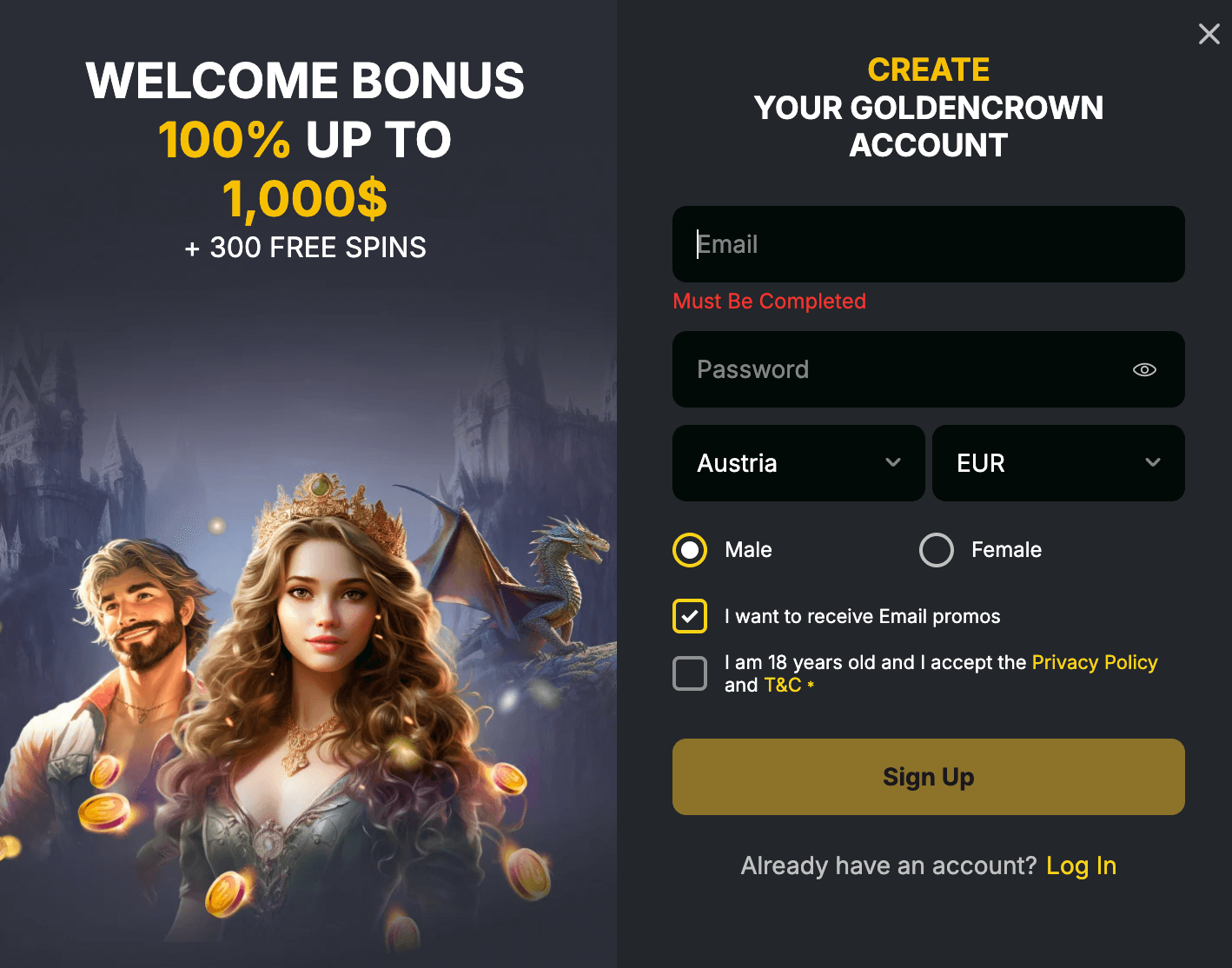 Registration at Goldencrown casino